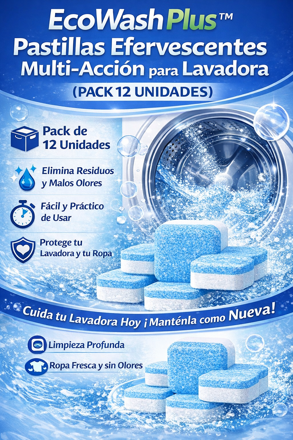 🧼 EcoWash Plus™ Pastillas Efervecentes Multi-Acción para Lavadora (Pack 12 Unidades)