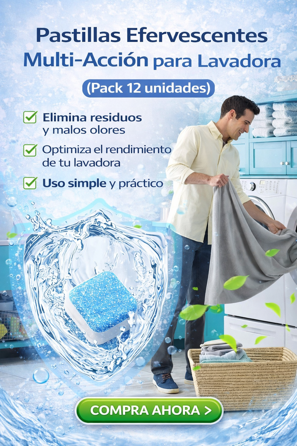 🧼 EcoWash Plus™ Pastillas Efervecentes Multi-Acción para Lavadora (Pack 12 Unidades)