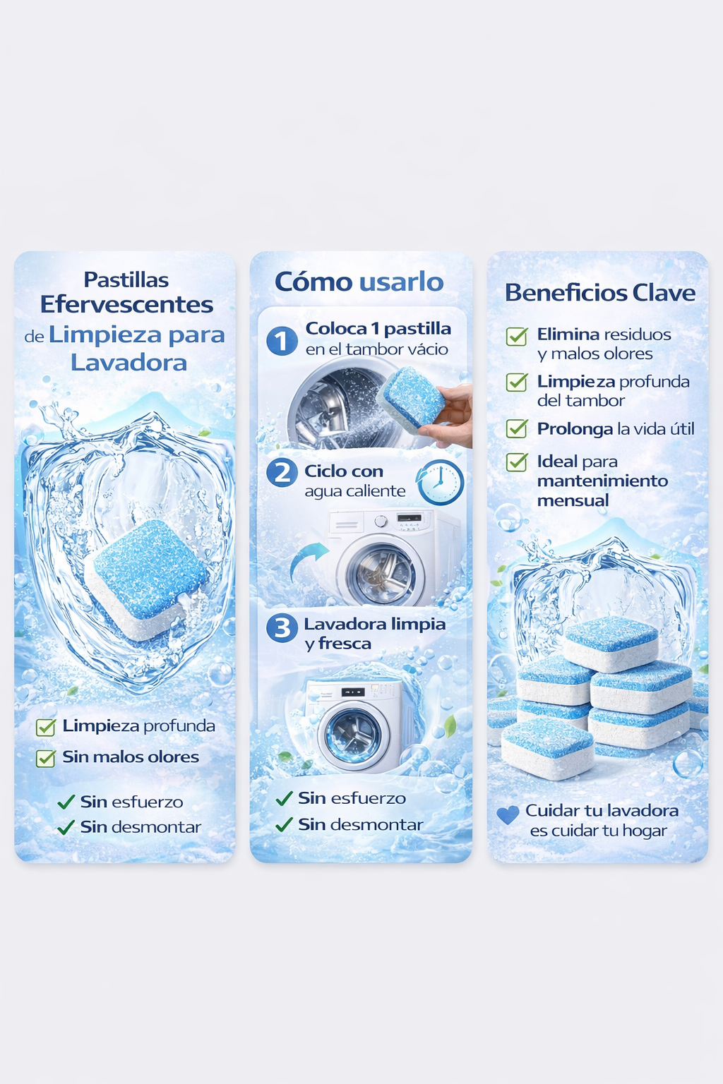 🧼 EcoWash Plus™ Pastillas Efervecentes Multi-Acción para Lavadora (Pack 12 Unidades)