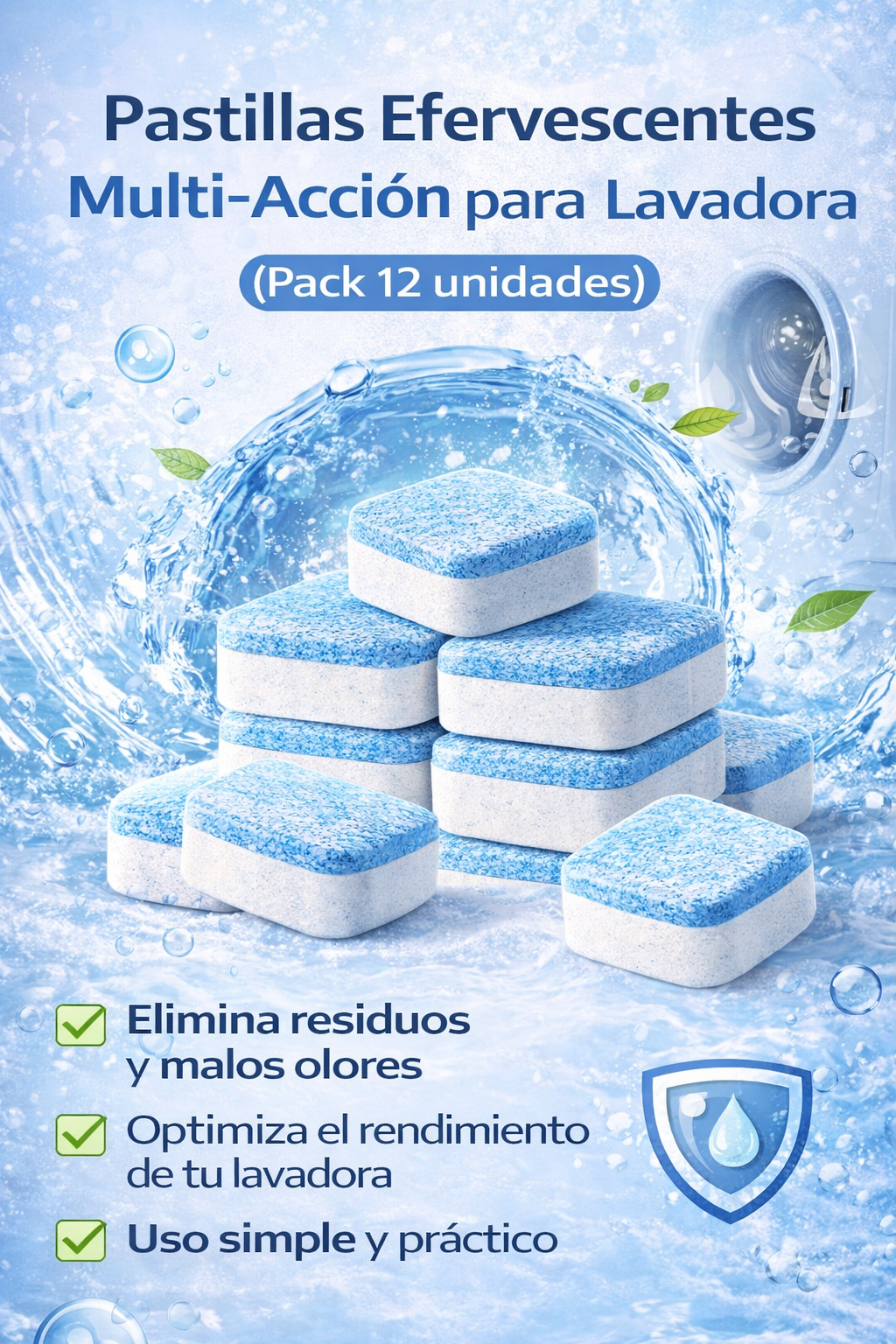 🧼 EcoWash Plus™ Pastillas Efervecentes Multi-Acción para Lavadora (Pack 12 Unidades)