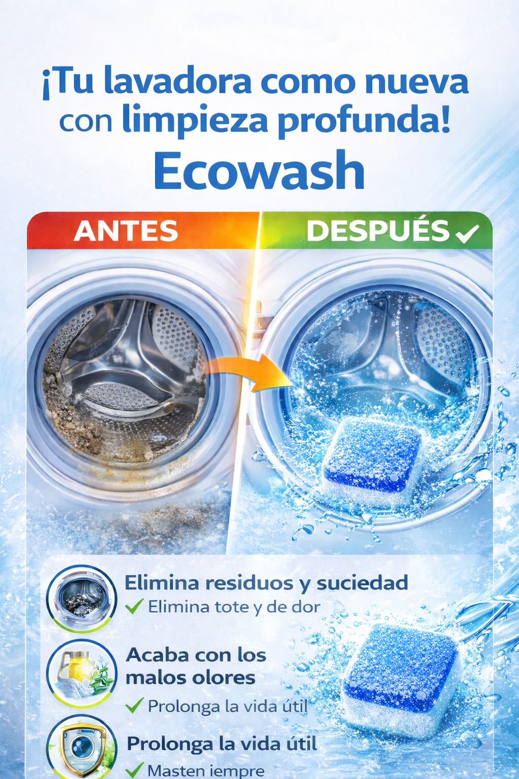 🧼 EcoWash Plus™ – Pastillas Efervescentes Multi-Acción para Lavadora (Pack 12 Unidades)